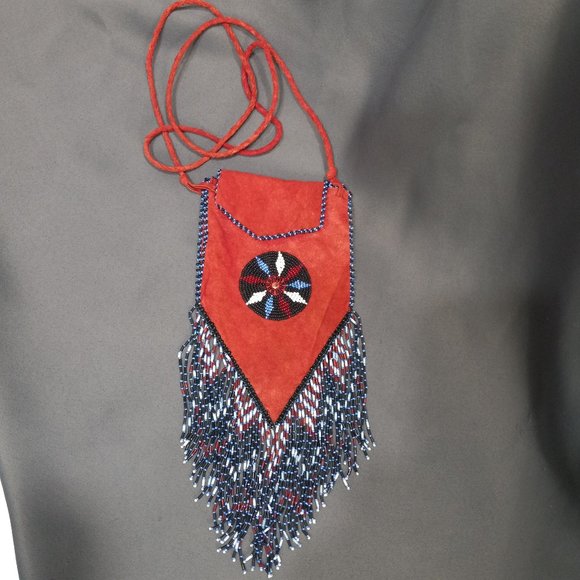 Vintage Handmade Leather Pouch w/ Glass Beading - Picture 1 of 8